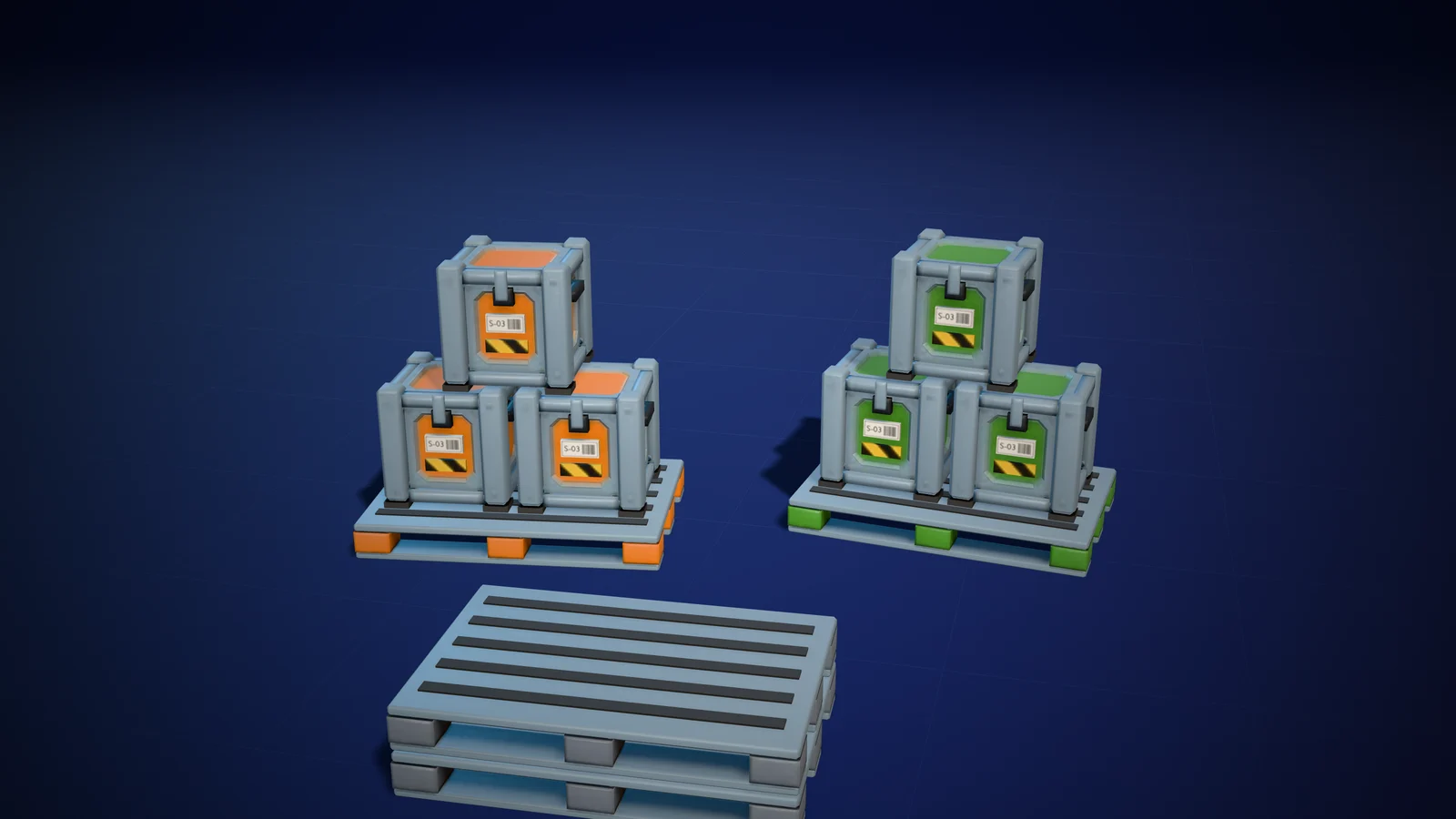 Two pallet stacks with three small crates each, and two stacked empty pallets